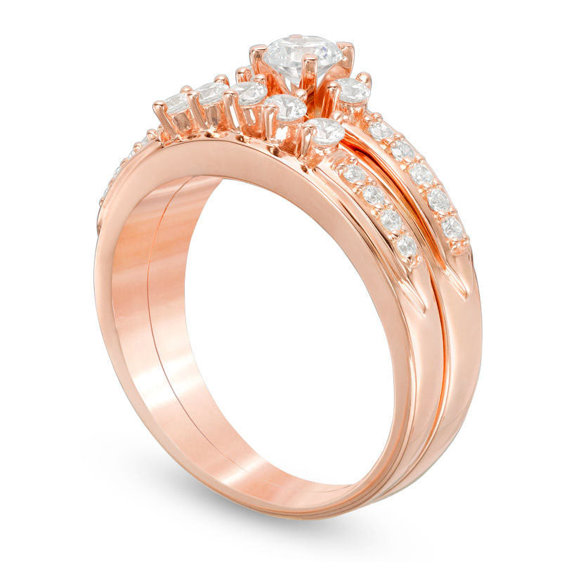 0.63 CT. T.W. Natural Diamond Three Stone Bridal Engagement Ring Set in Solid 14K Rose Gold