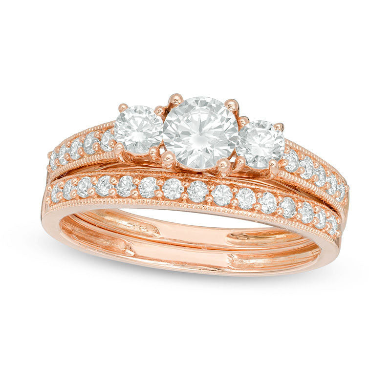 0.88 CT. T.W. Natural Diamond Three Stone Antique Vintage-Style Bridal Engagement Ring Set in Solid 10K Rose Gold