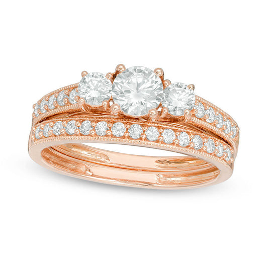 0.88 CT. T.W. Natural Diamond Three Stone Antique Vintage-Style Bridal Engagement Ring Set in Solid 10K Rose Gold