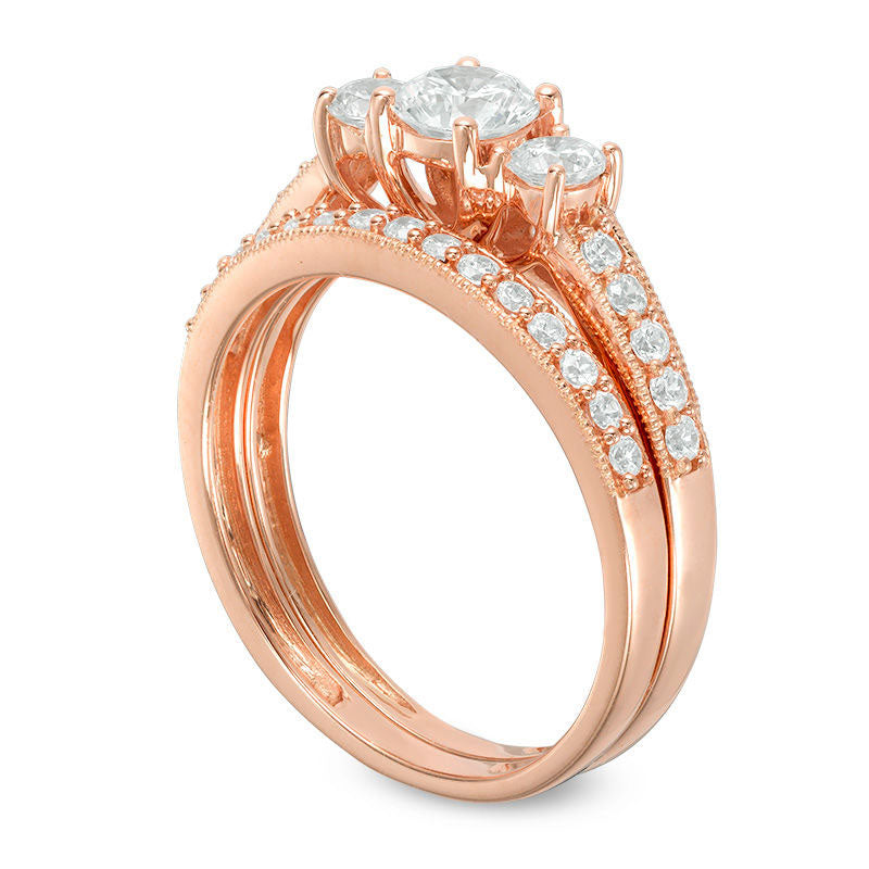 0.88 CT. T.W. Natural Diamond Three Stone Antique Vintage-Style Bridal Engagement Ring Set in Solid 10K Rose Gold