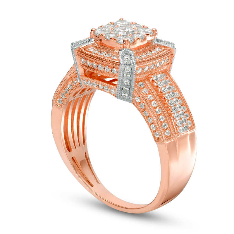 1.0 CT. T.W. Composite Natural Diamond Cushion Frame Antique Vintage-Style Engagement Ring in Solid 10K Rose Gold