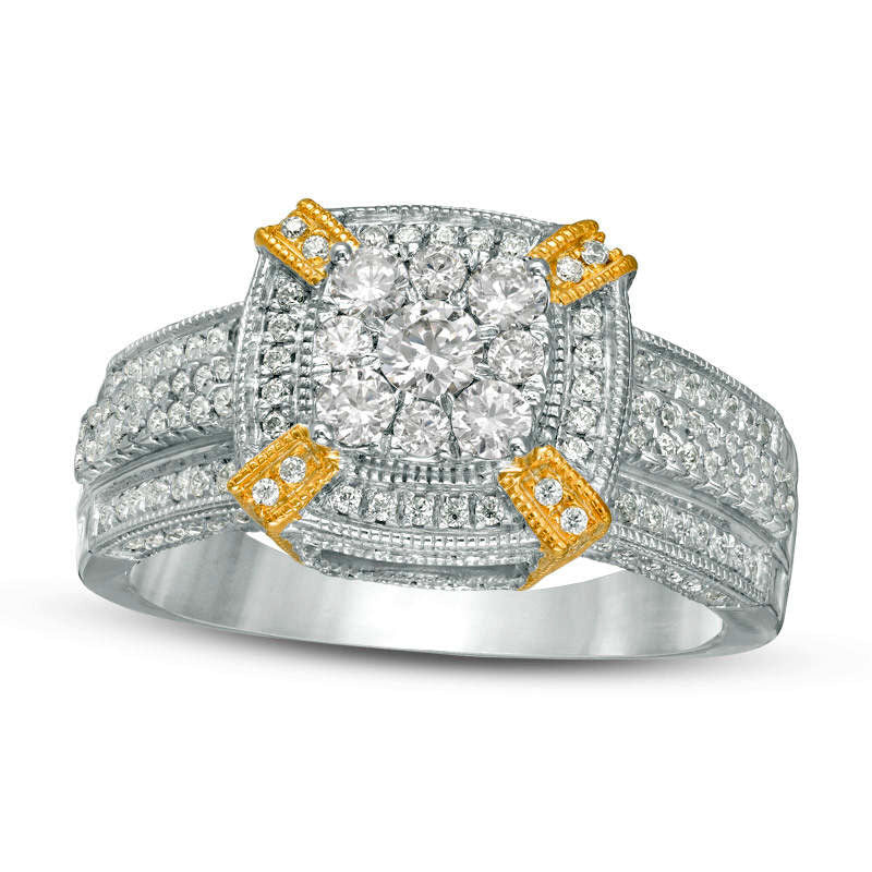 1.0 CT. T.W. Composite Natural Diamond Cushion Frame Antique Vintage-Style Engagement Ring in Solid 10K Two-Tone Gold