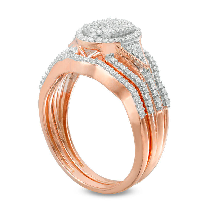 0.33 CT. T.W. Composite Natural Diamond Oval Frame Bridal Engagement Ring Set in Solid 10K Rose Gold