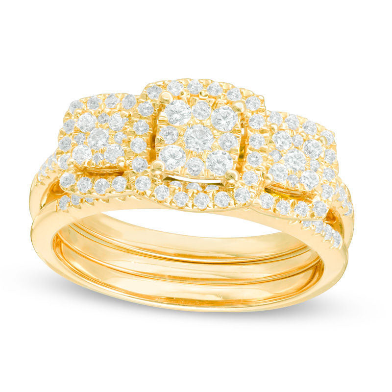 0.75 CT. T.W. Composite Natural Diamond Three Stone Cushion Frame Bridal Engagement Ring Set in Solid 10K Yellow Gold