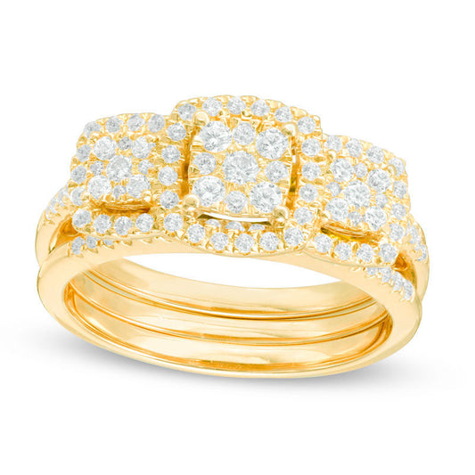 0.75 CT. T.W. Composite Natural Diamond Three Stone Cushion Frame Bridal Engagement Ring Set in Solid 10K Yellow Gold