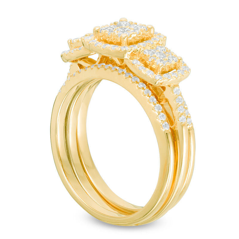 0.75 CT. T.W. Composite Natural Diamond Three Stone Cushion Frame Bridal Engagement Ring Set in Solid 10K Yellow Gold