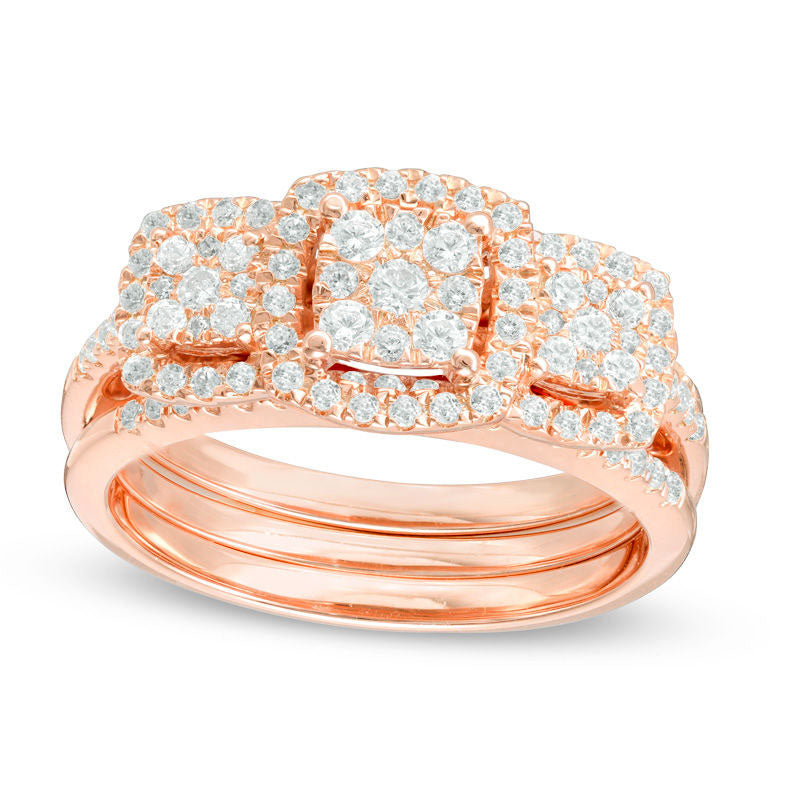 0.75 CT. T.W. Composite Natural Diamond Three Stone Cushion Frame Bridal Engagement Ring Set in Solid 10K Rose Gold