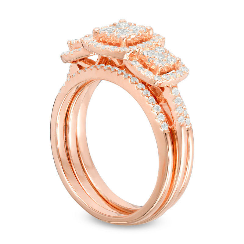 0.75 CT. T.W. Composite Natural Diamond Three Stone Cushion Frame Bridal Engagement Ring Set in Solid 10K Rose Gold