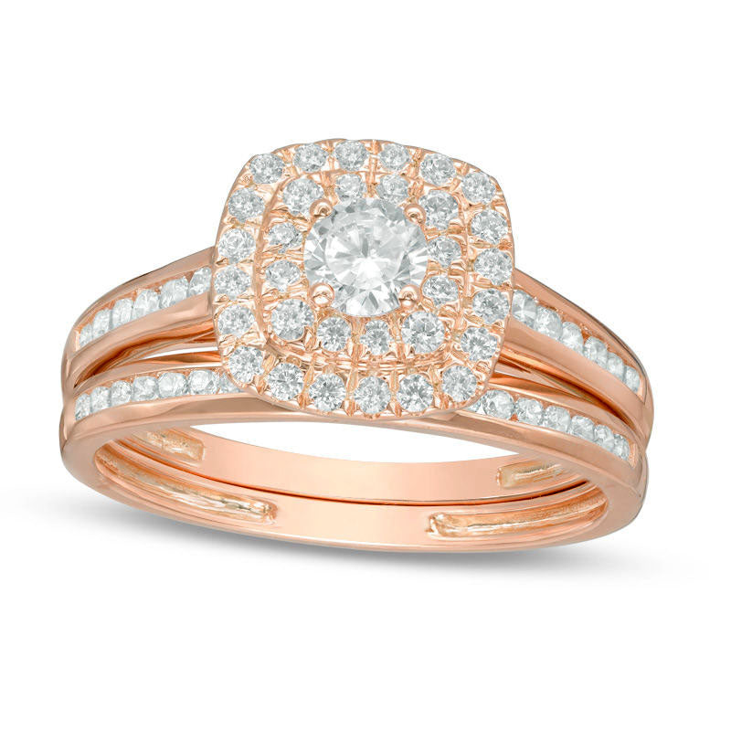 0.75 CT. T.W. Natural Diamond Double Cushion Frame Bridal Engagement Ring Set in Solid 10K Rose Gold