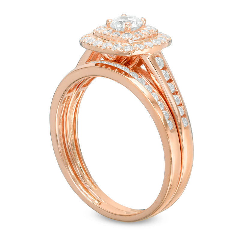 0.75 CT. T.W. Natural Diamond Double Cushion Frame Bridal Engagement Ring Set in Solid 10K Rose Gold