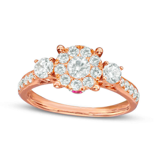 0.88 CT. T.W. Natural Diamond and Pink Sapphire Three Stone Engagement Ring in Solid 10K Rose Gold