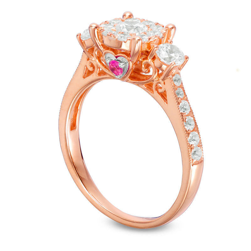 0.88 CT. T.W. Natural Diamond and Pink Sapphire Three Stone Engagement Ring in Solid 10K Rose Gold