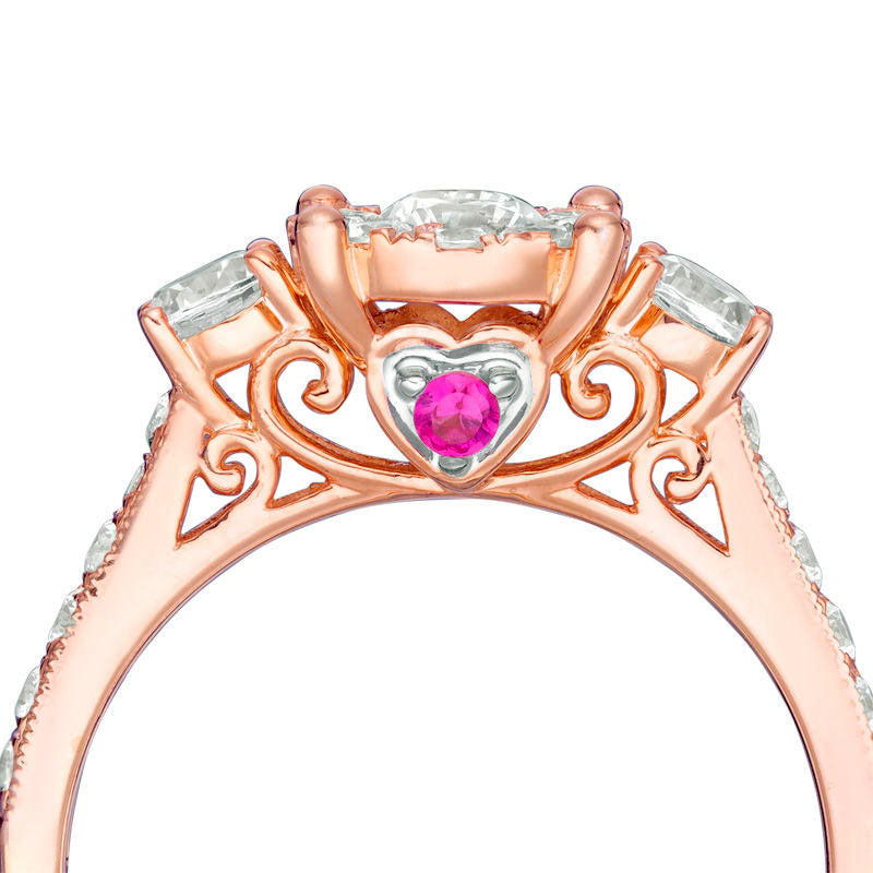 0.88 CT. T.W. Natural Diamond and Pink Sapphire Three Stone Engagement Ring in Solid 10K Rose Gold