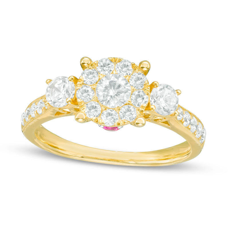 0.88 CT. T.W. Natural Diamond and Pink Sapphire Three Stone Engagement Ring in Solid 10K Yellow Gold