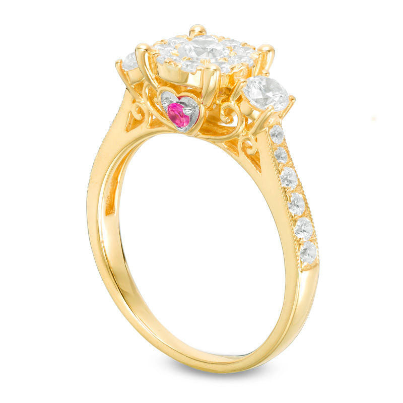 0.88 CT. T.W. Natural Diamond and Pink Sapphire Three Stone Engagement Ring in Solid 10K Yellow Gold