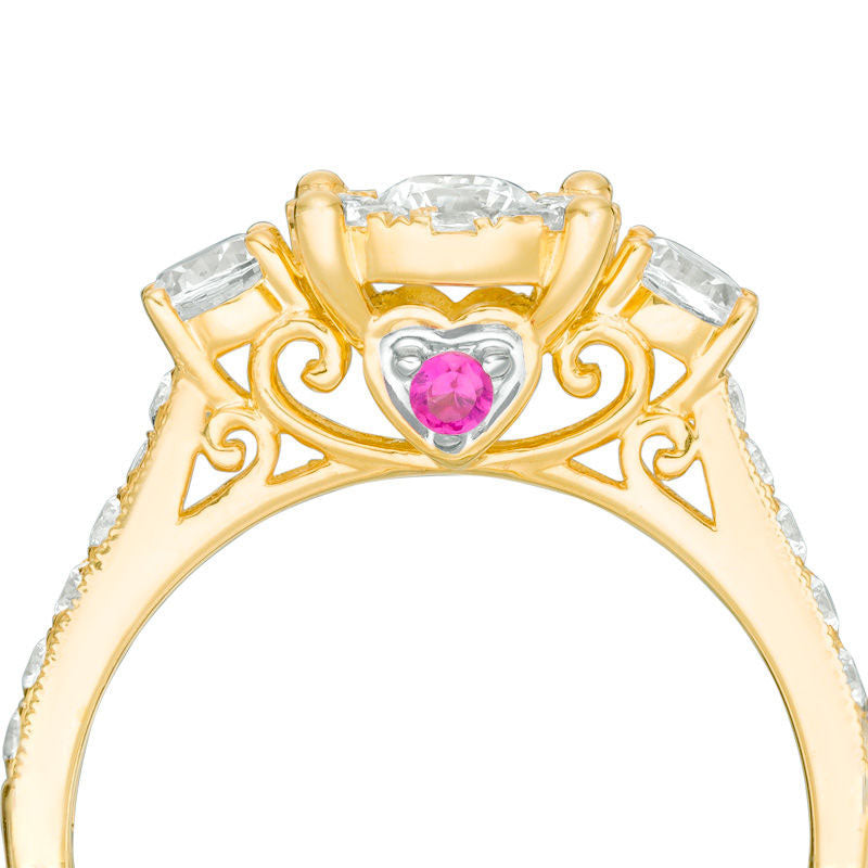 0.88 CT. T.W. Natural Diamond and Pink Sapphire Three Stone Engagement Ring in Solid 10K Yellow Gold