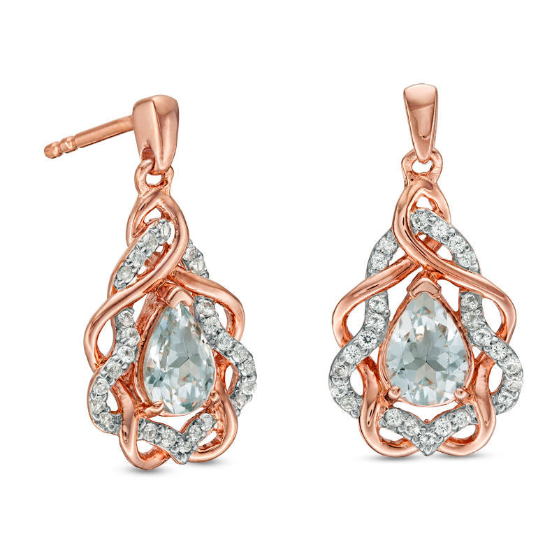 Pear-Shaped Aquamarine and Lab-Created White Sapphire Free-Form Frame Drop Earrings in 10K Rose Gold