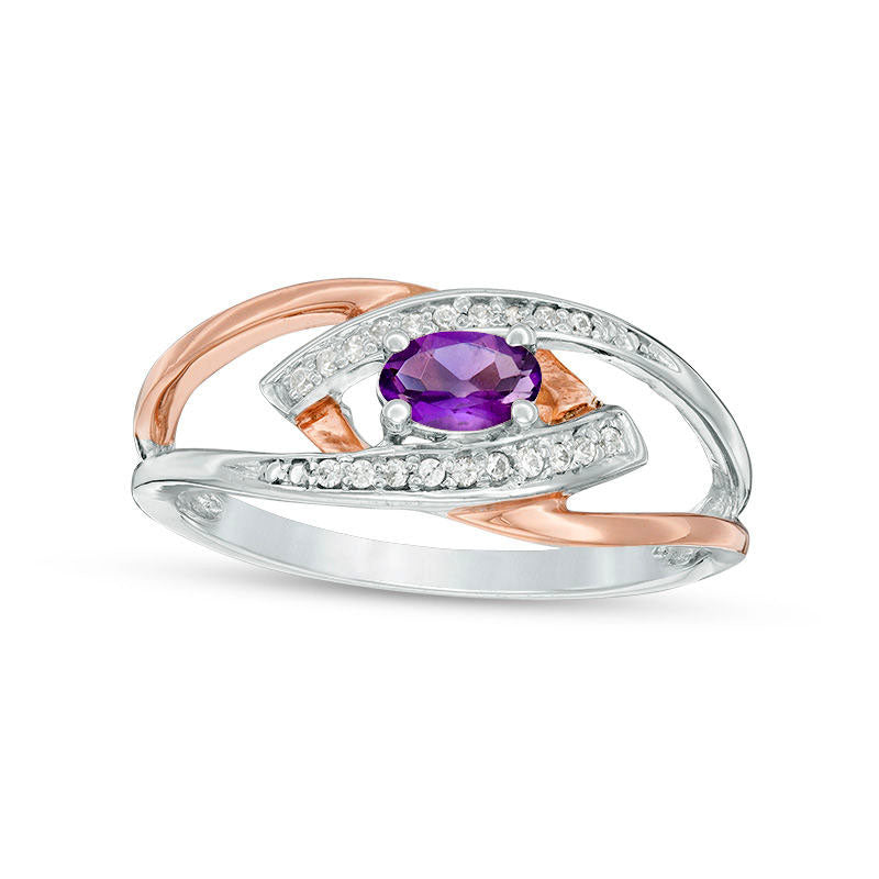 Oval Amethyst and Natural Diamond Accent Spilt Shank Ring in Sterling Silver and Solid 10K Rose Gold