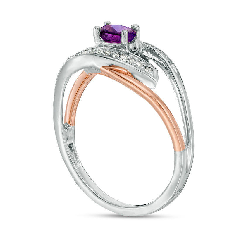 Oval Amethyst and Natural Diamond Accent Spilt Shank Ring in Sterling Silver and Solid 10K Rose Gold