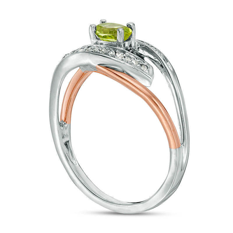 Oval Peridot and Natural Diamond Accent Split Shank Ring in Sterling Silver and Solid 10K Rose Gold