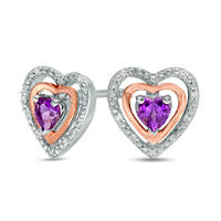 4.0mm Amethyst and Diamond Accent Heart Stud Earrings in Sterling Silver and 10K Rose Gold