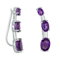 Oval Amethyst Three Stone Curved Crawler Earrings in Sterling Silver