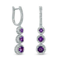 Amethyst and 0.17 CT. T.W. Diamond Frame Three Stone Drop Earrings in Sterling Silver