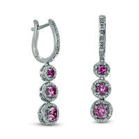 Lab-Created Pink Sapphire and 0.17 CT. T.W. Diamond Frame Three Stone Drop Earrings in Sterling Silver