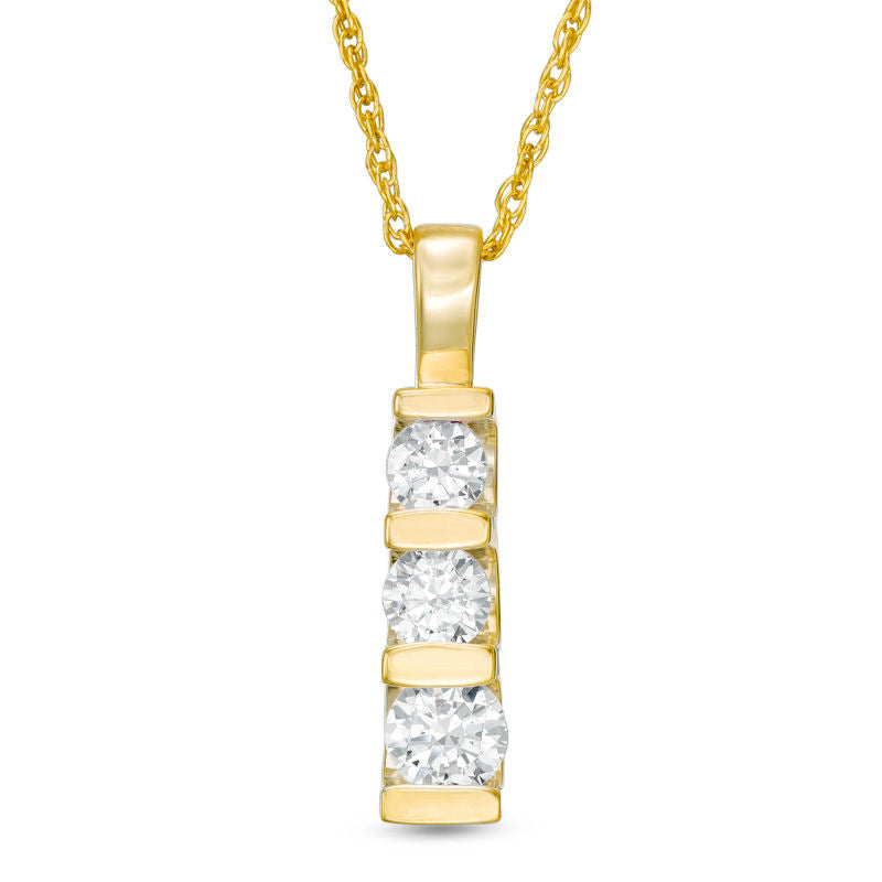 0.5 CT. T.W. Natural Diamond Three Stone Linear Drop Pendant in 10K Yellow Gold