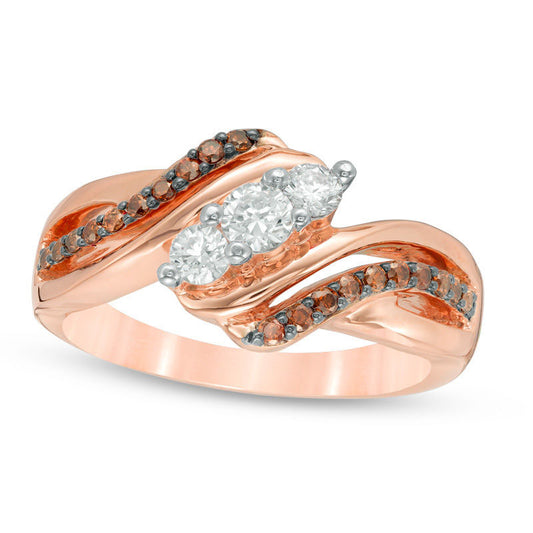 0.50 CT. T.W. Enhanced Champagne and White Natural Diamond Three Stone Bypass Ring in Solid 10K Rose Gold