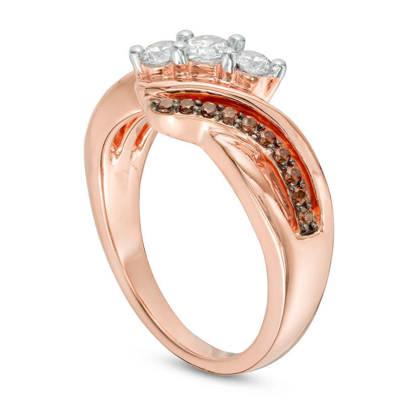 0.50 CT. T.W. Enhanced Champagne and White Natural Diamond Three Stone Bypass Ring in Solid 10K Rose Gold