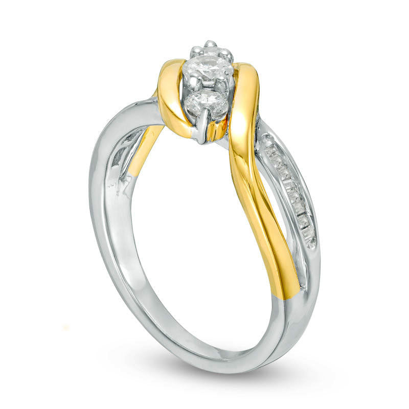 0.50 CT. T.W. Baguette and Round Natural Diamond Three Stone Bypass Ring in Solid 10K Two-Tone Gold