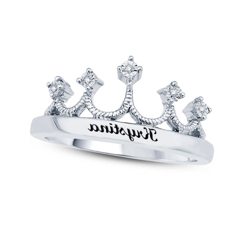 Natural Diamond Accent Rope-Textured Crown Ring in Sterling Silver (1-8 Characters)