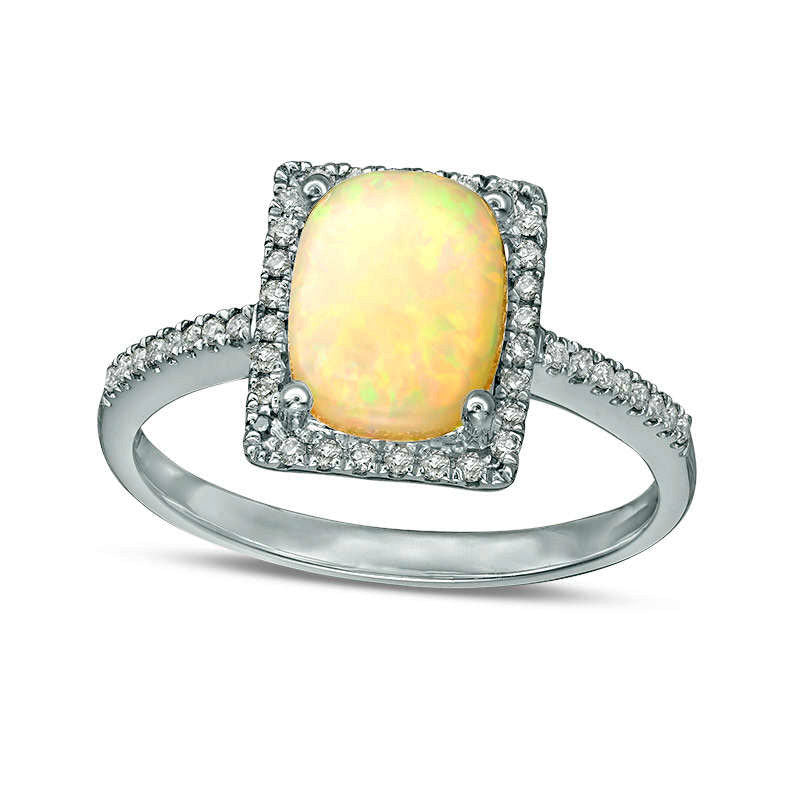 Cushion-Cut Opal and 0.13 CT. T.W. Natural Diamond Rectangle Frame Ring in Solid 10K White Gold