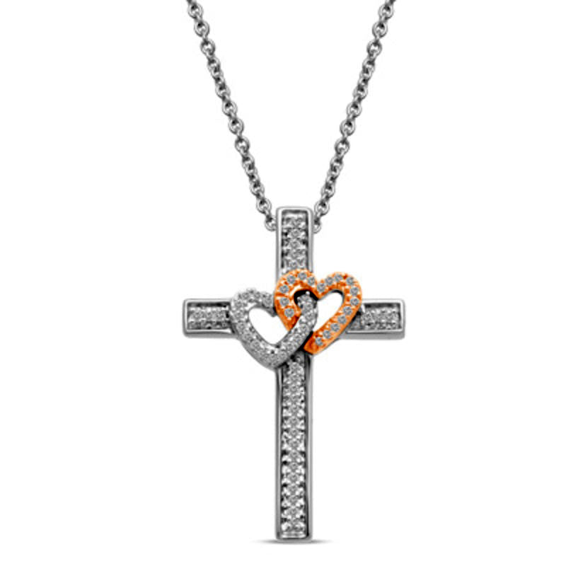 0.1 CT. T.W. Natural Diamond Interlocking Hearts Cross Pendant in Sterling Silver with 14K Rose Gold Plate