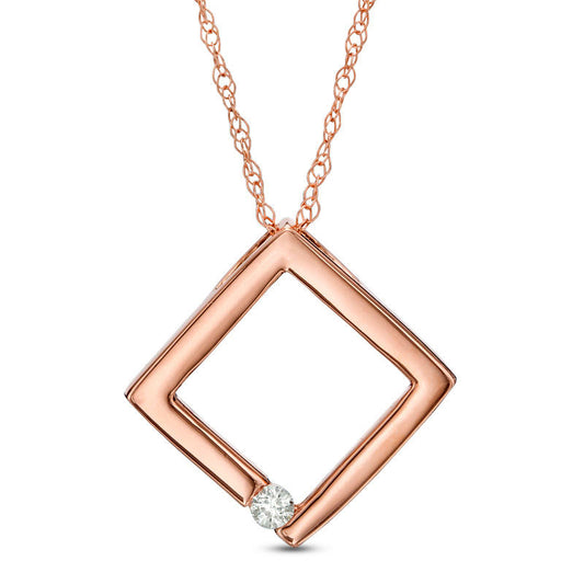 Natural Clarity Enhanced Accent Solitaire Tilted Square Pendant in 10K Rose Gold