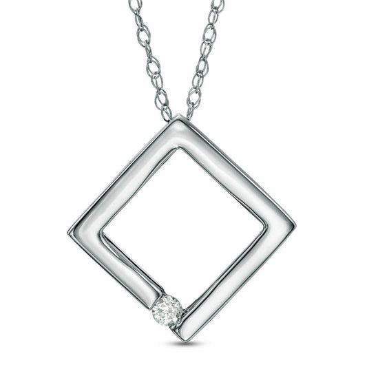 Natural Clarity Enhanced Accent Solitaire Tilted Square Pendant in 10K White Gold