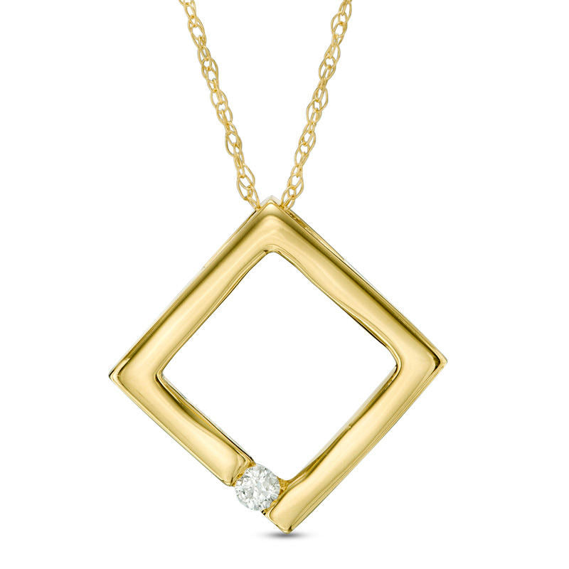 Natural Clarity Enhanced Accent Solitaire Tilted Square Pendant in 10K Yellow Gold