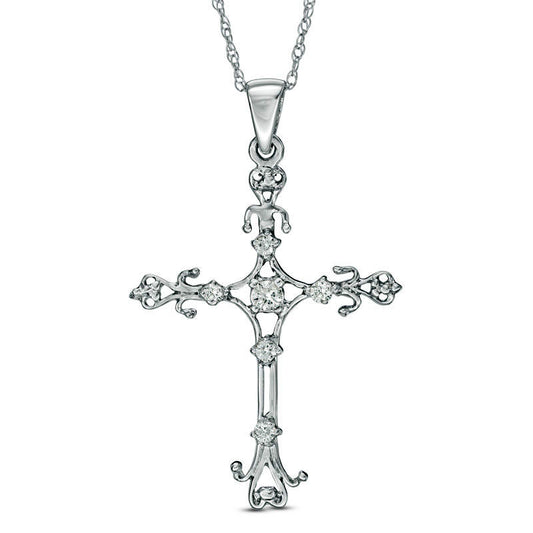 0.17 CT. T.W. Natural Diamond Filigree Cross Pendant in 10K White Gold