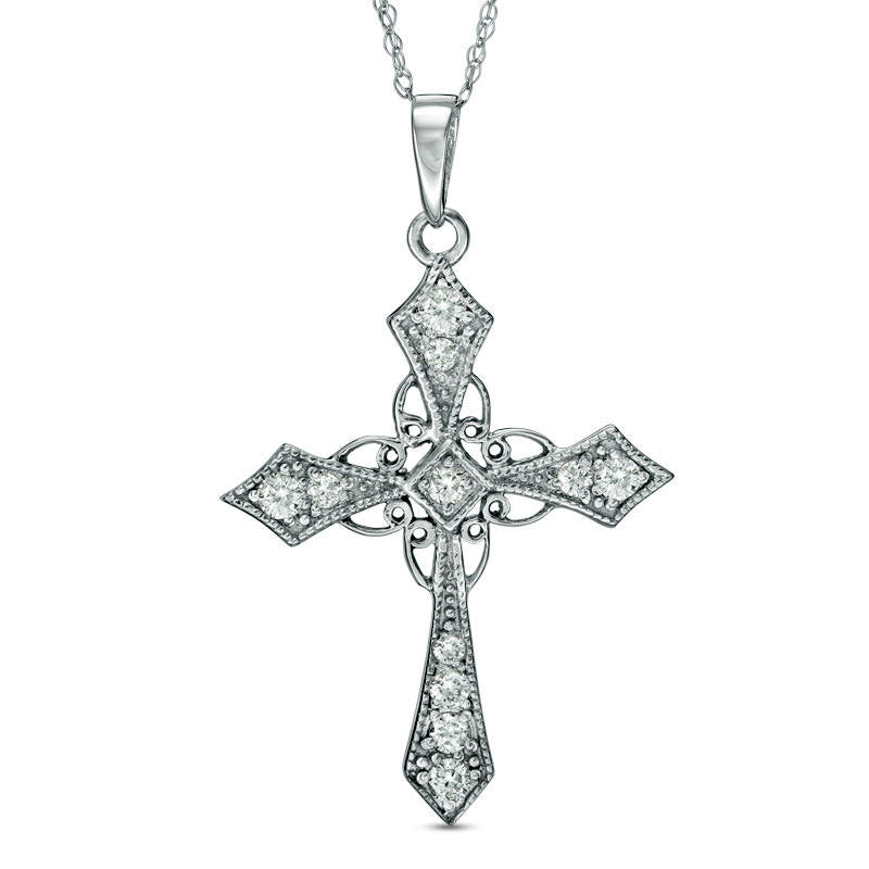 0.38 CT. T.W. Natural Diamond Antique Vintage-Style Cross Pendant in 10K White Gold