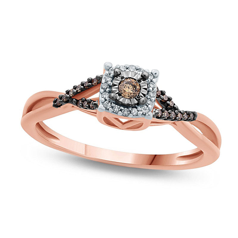 0.10 CT. T.W. Champagne and White Natural Diamond Frame Twist Shank Promise Ring in Solid 10K Rose Gold