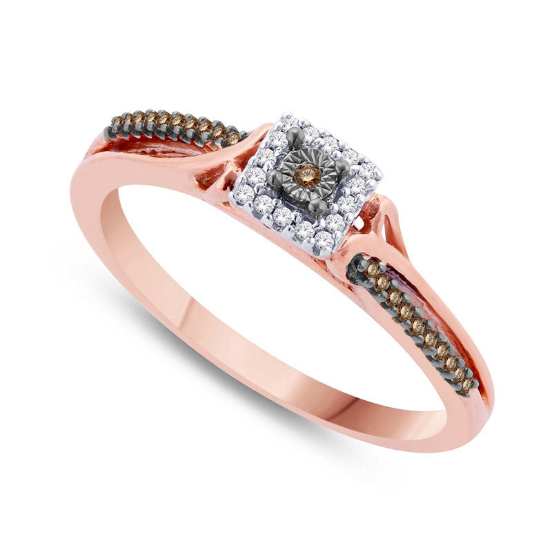 0.10 CT. T.W. Champagne and White Natural Diamond Square Frame Promise Ring in Solid 10K Rose Gold