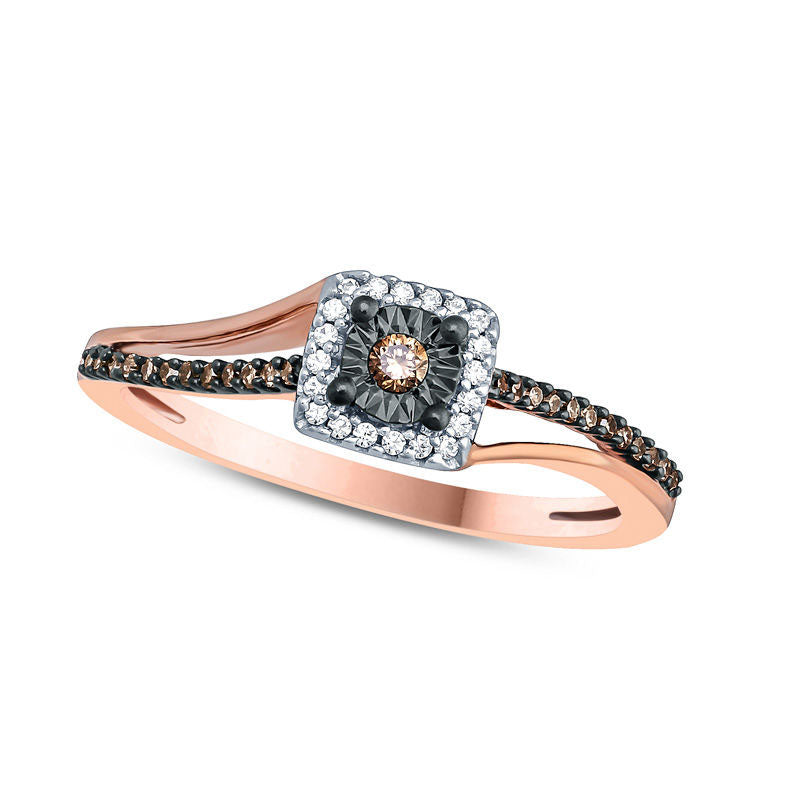 0.17 CT. T.W. Champagne and White Natural Diamond Square Frame Bypass Promise Ring in Solid 10K Rose Gold