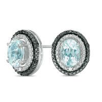 Oval Blue Topaz and Enhanced Black and White Diamond Accent Frame Stud Earrings in Sterling Silver