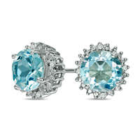 7.0mm Blue Topaz and Diamond Accent Starburst Frame Stud Earrings in Sterling Silver