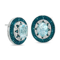 Oval Blue Topaz and 0.13 CT. T.W. Enhanced Blue and White Diamond Frame Stud Earrings in Sterling Silver