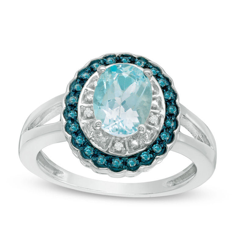 Oval Blue Topaz and Enhanced Blue and White Natural Diamond Accent Scallop Frame Ring in Sterling Silver