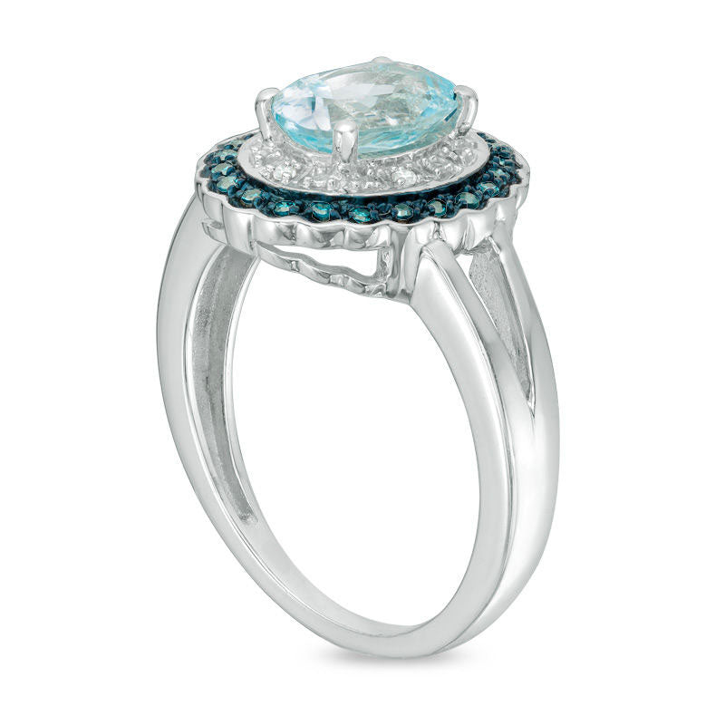 Oval Blue Topaz and Enhanced Blue and White Natural Diamond Accent Scallop Frame Ring in Sterling Silver