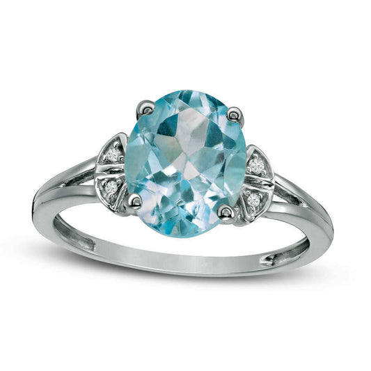 Oval Blue Topaz and Natural Diamond Accent Collar Ring in Sterling Silver