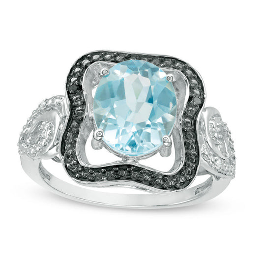 Oval Blue Topaz and Enhanced Black and White Natural Diamond Accent Wavy Frame Ring in Sterling Silver